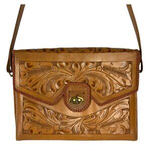 Justin Kipskin Leather Hand Tooled Shoulder Bag Purse Turnlock Western Rodeo Vtg